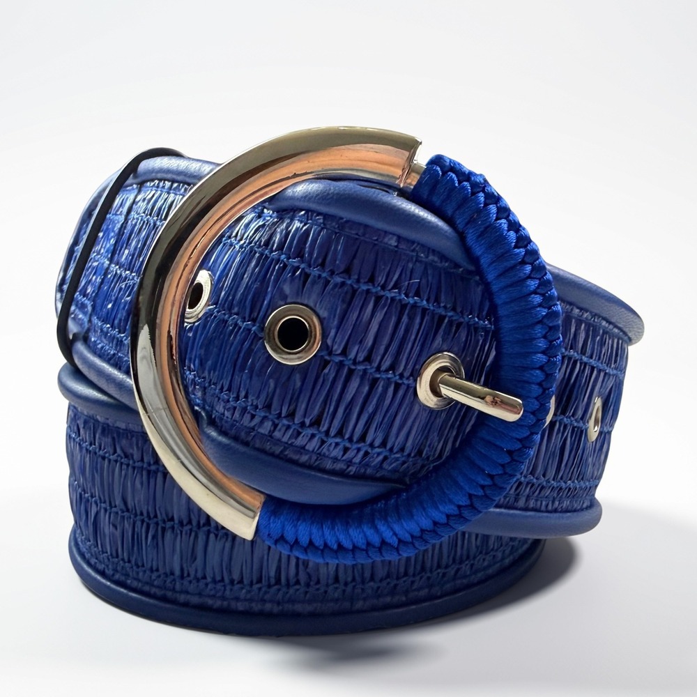 Woven Faux Straw Belt Women 37" Cobalt Blue Statement Gold Buckle Coastal Resort